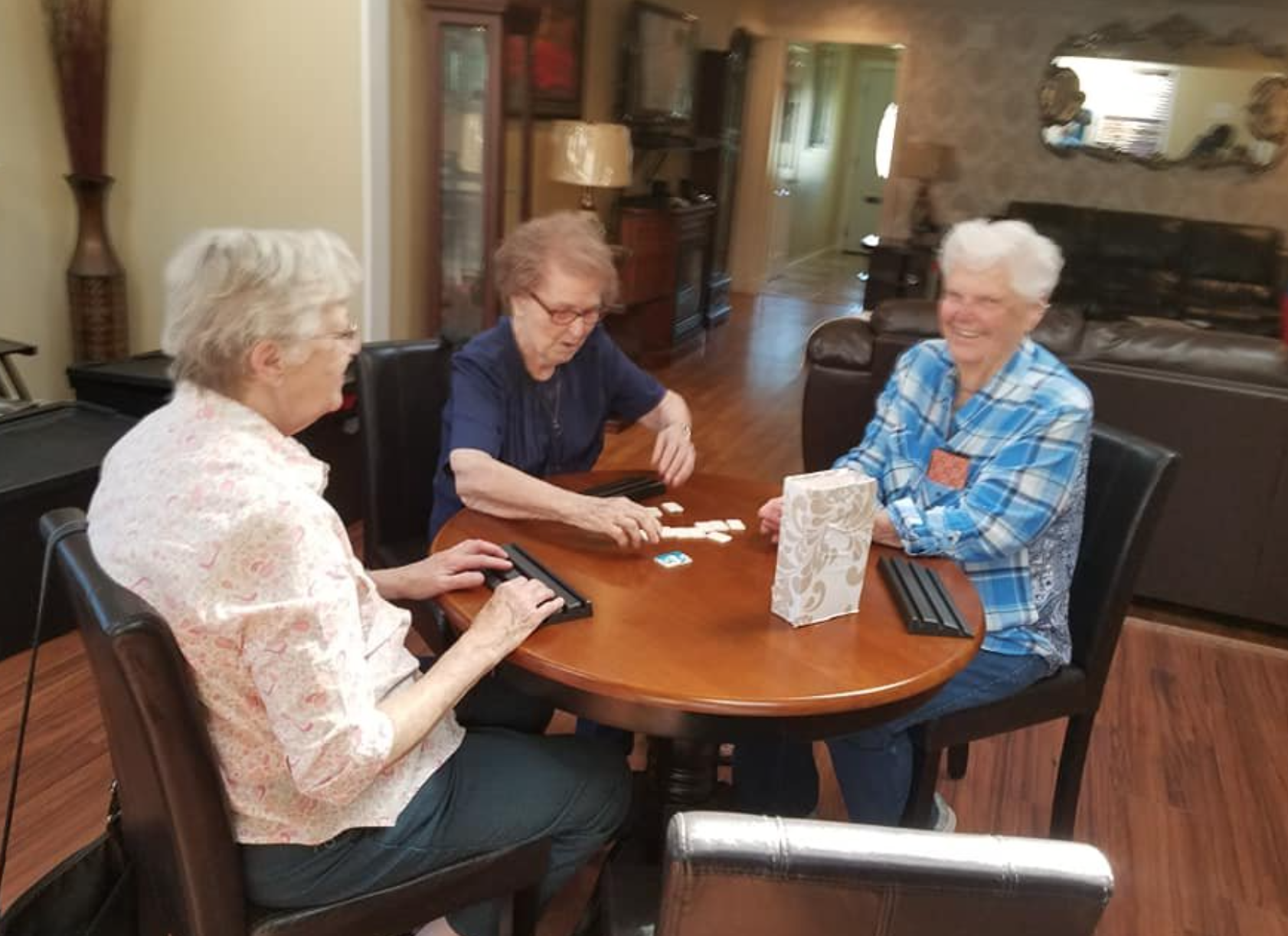 Residents enjoying a game of dominoes together in the living room